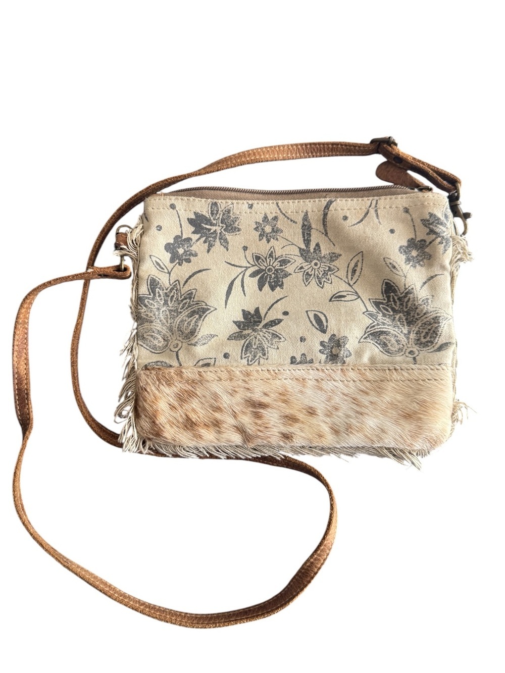 Neutral Floral Canvas Crossbody Bag with Fur Trim